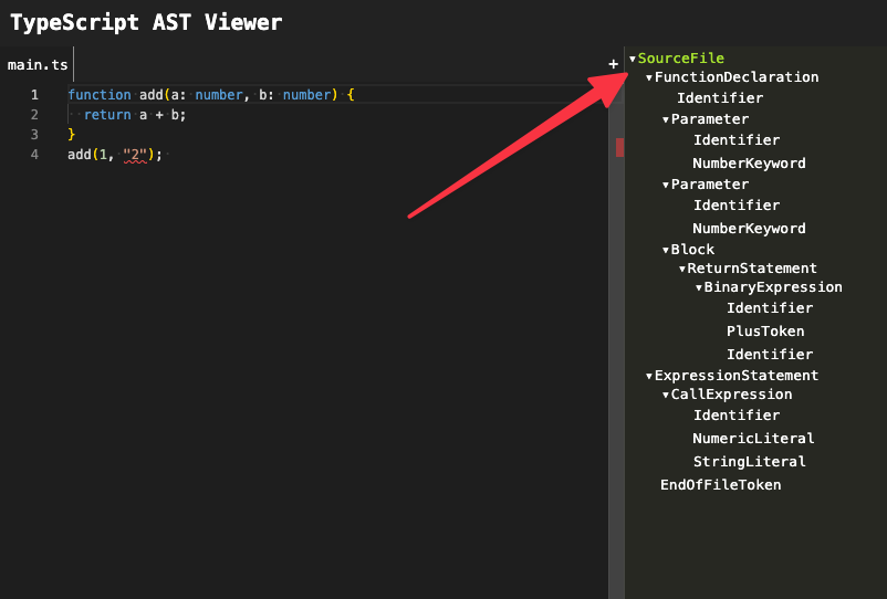 TS AST ViewerでASTのルートがSourceFileになっている様子